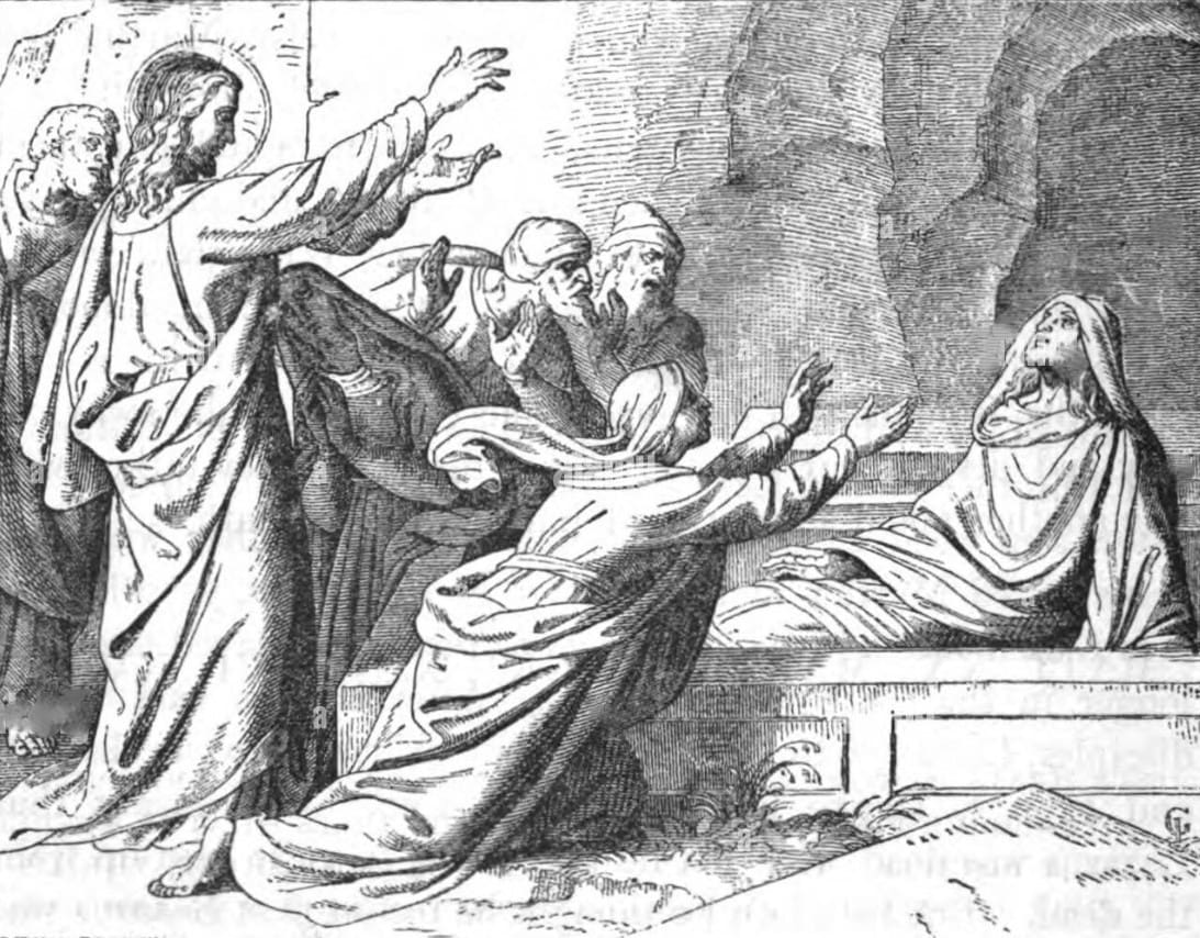 A drawing of Jesus raising Lazarus from the dead.