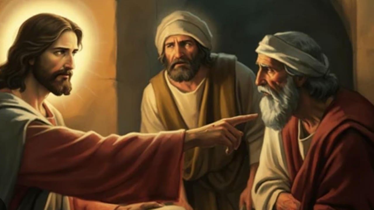 Jesus pointing at one man while another looks on