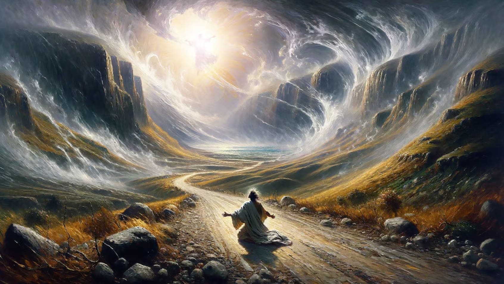 Paul kneeling on the dirt road to Damascus, and a bright light shining above him with a faint outline of Jesus.