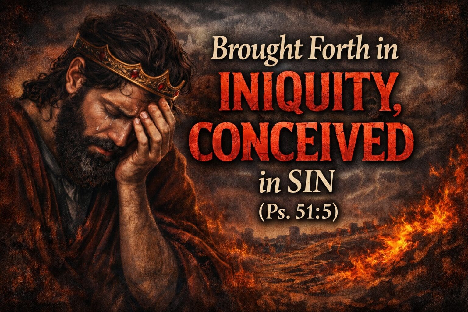 An illustration of a weeping King David with his head leaning into his hand, along with the words "brought forth in iniquity, conceived in sin"