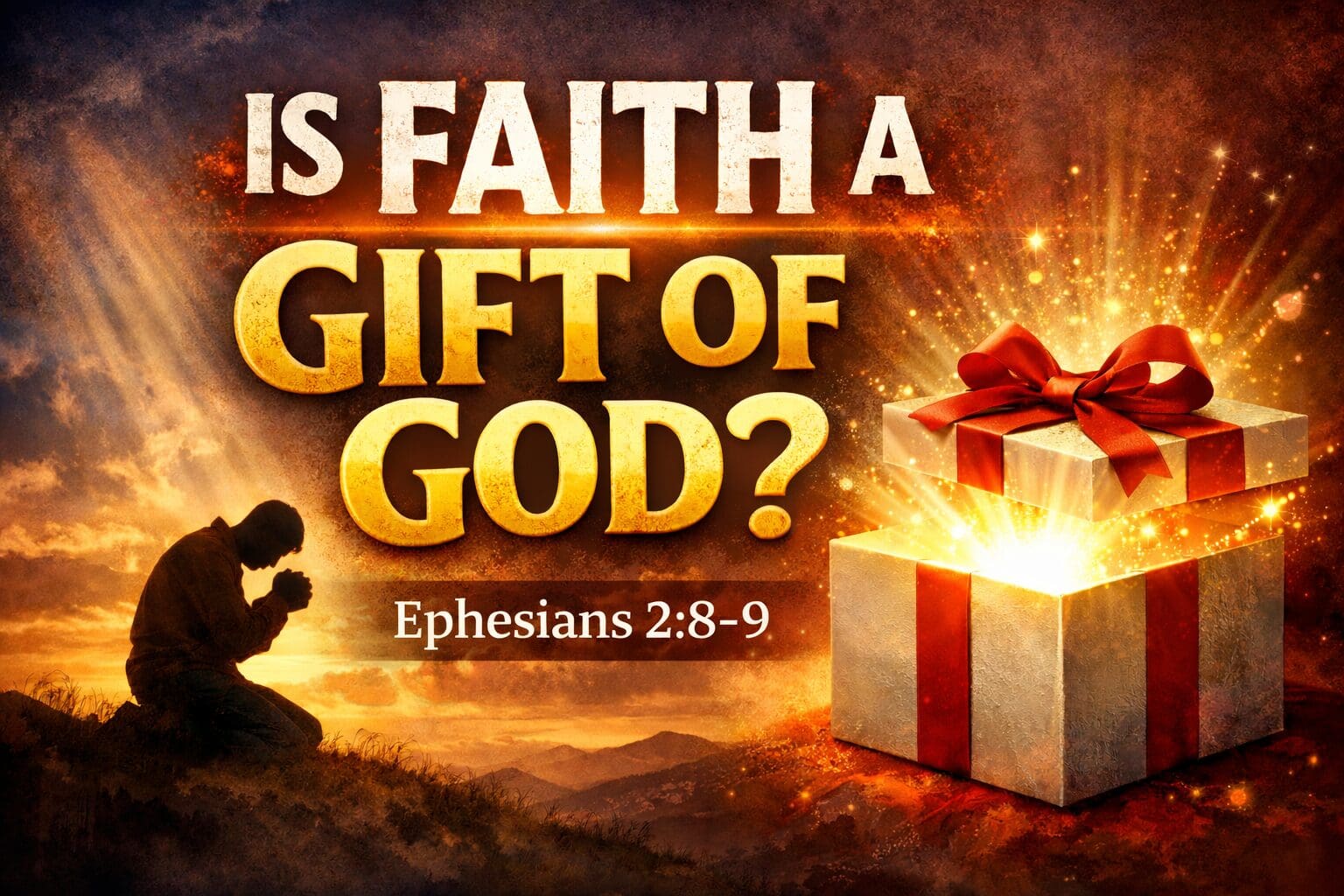 A man on his knees praying next to a gift box with a bow on it, along with the words "Is Faith a gift of God?"