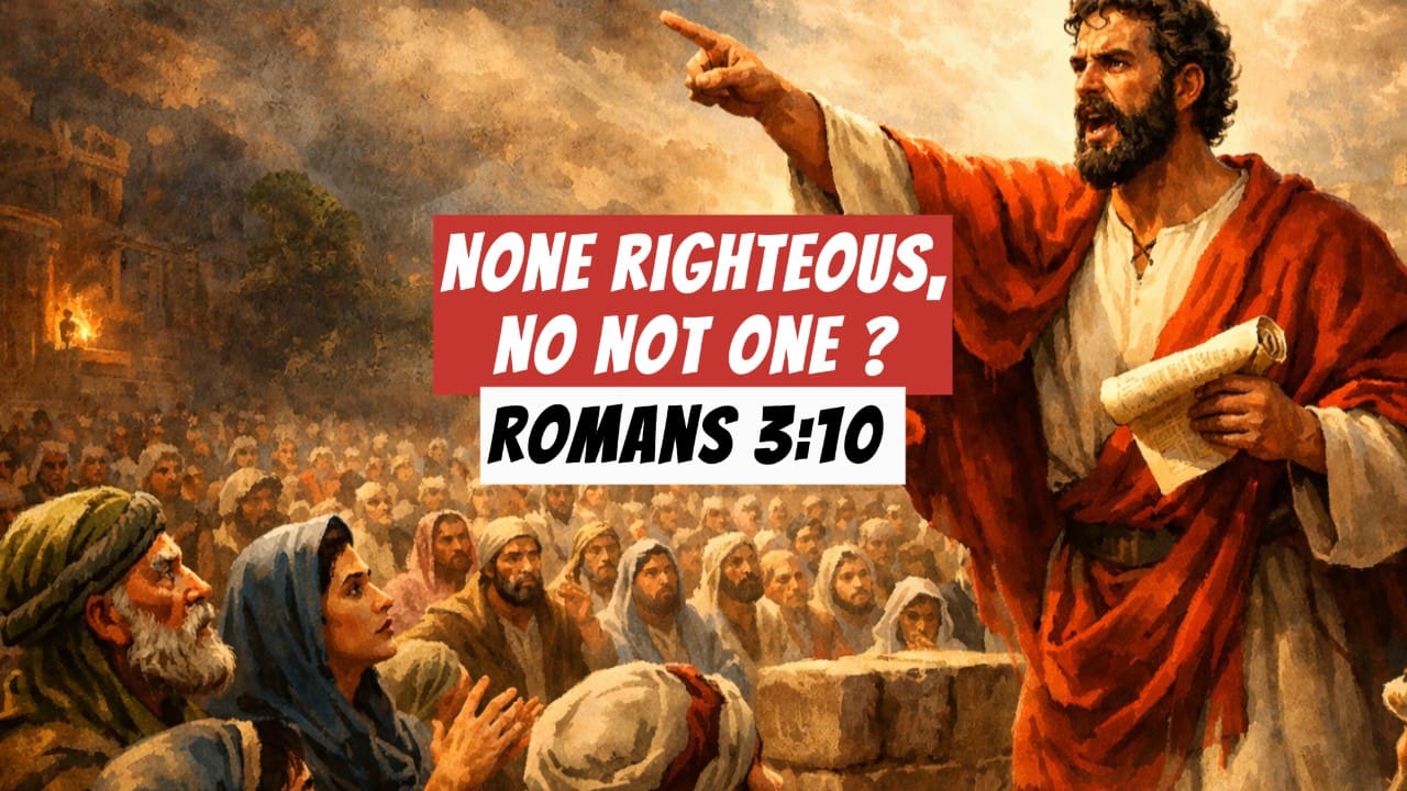 The apostle Paul preaching to a crowd amidst a banner reading "None righteous, no not one (Romans 3:10)."