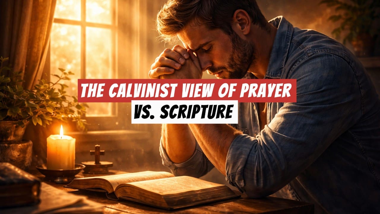A man with hands together praying over an open Bible, along with the words "The Calvinist View of Prayer VS. Scripture."