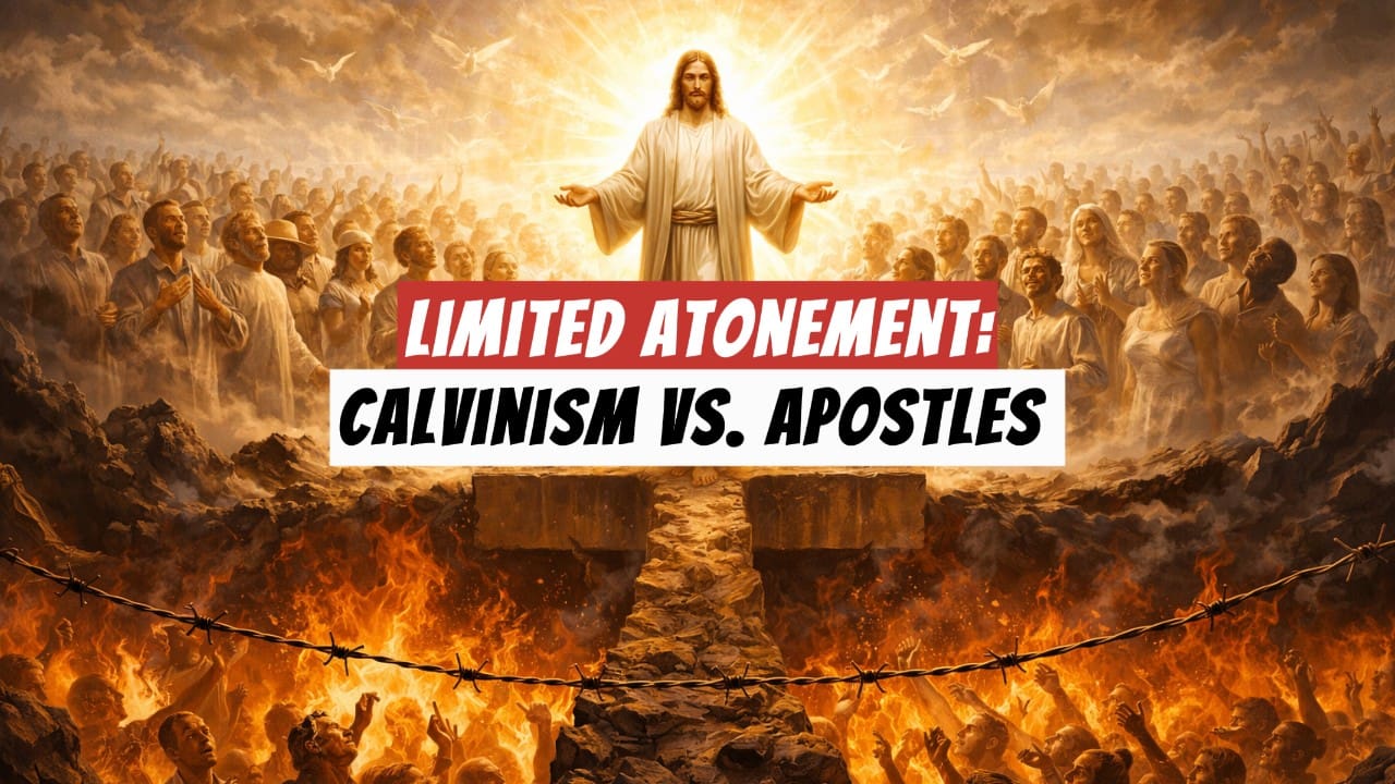 Jesus standing on a stone foundation overlooking two groups of people: the saved and the lost.