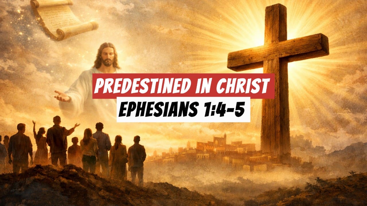 A depiction of Jesus, a cross, and a group of people...along with a banner saying "Predestined in Christ - Ephesians 1:4-5"
