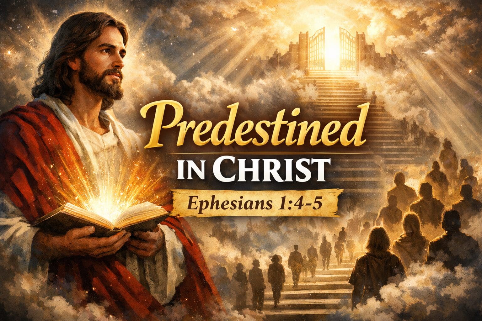 Depiction of Jesus with an open Bible observing a line of Christians walking up stairs to heaven.