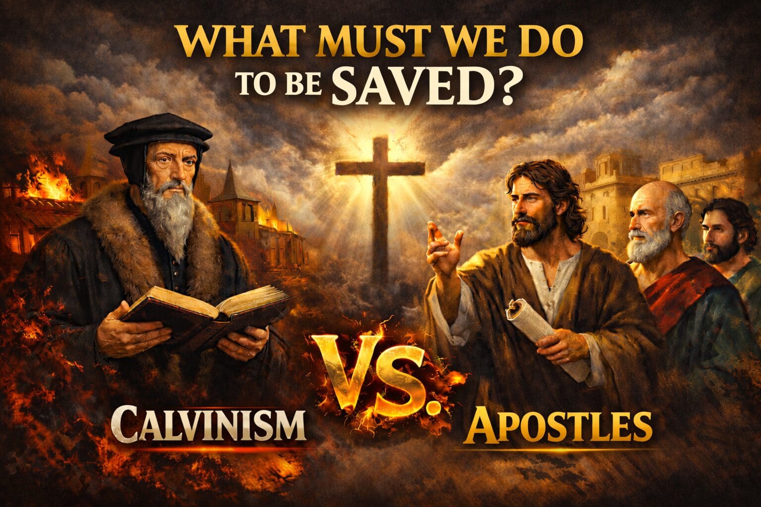 Depiction of Calvin on the left and the apostles on the right, along with the question, along "What must we do to be saved? Calvinism VS. Apostles"