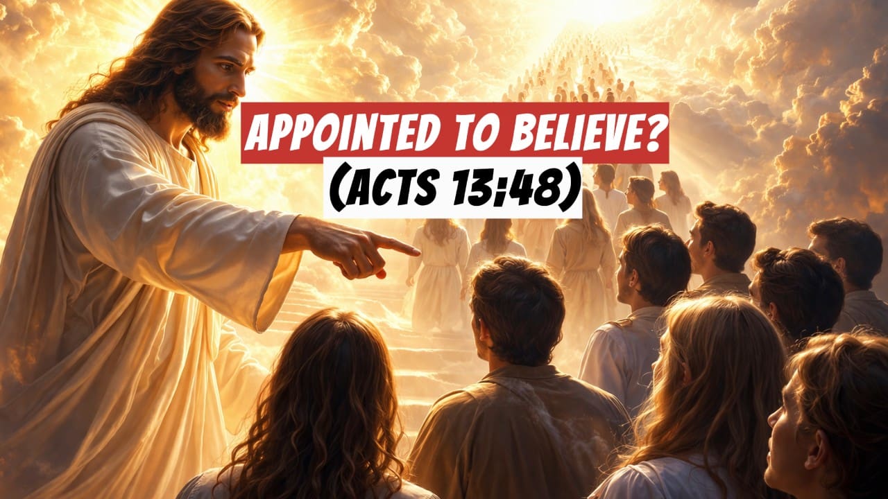 A depiction of Jesus pointing to someone in a group, along with a banner reading "Appointed to Believe? (Acts 13:48)"