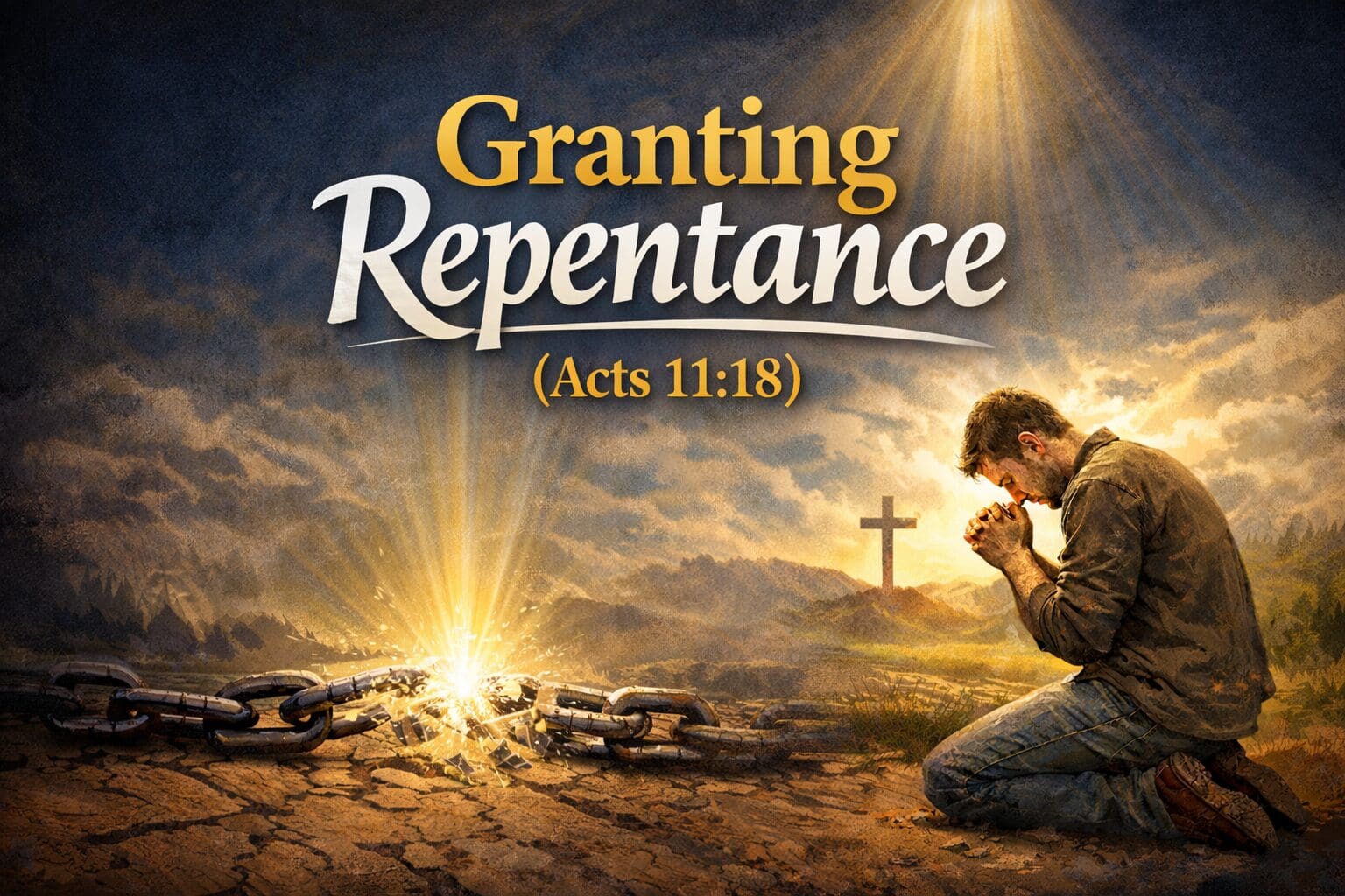 A man on his knees praying for forgiveness, along with words "Granting Repentance (Acts 11:18).