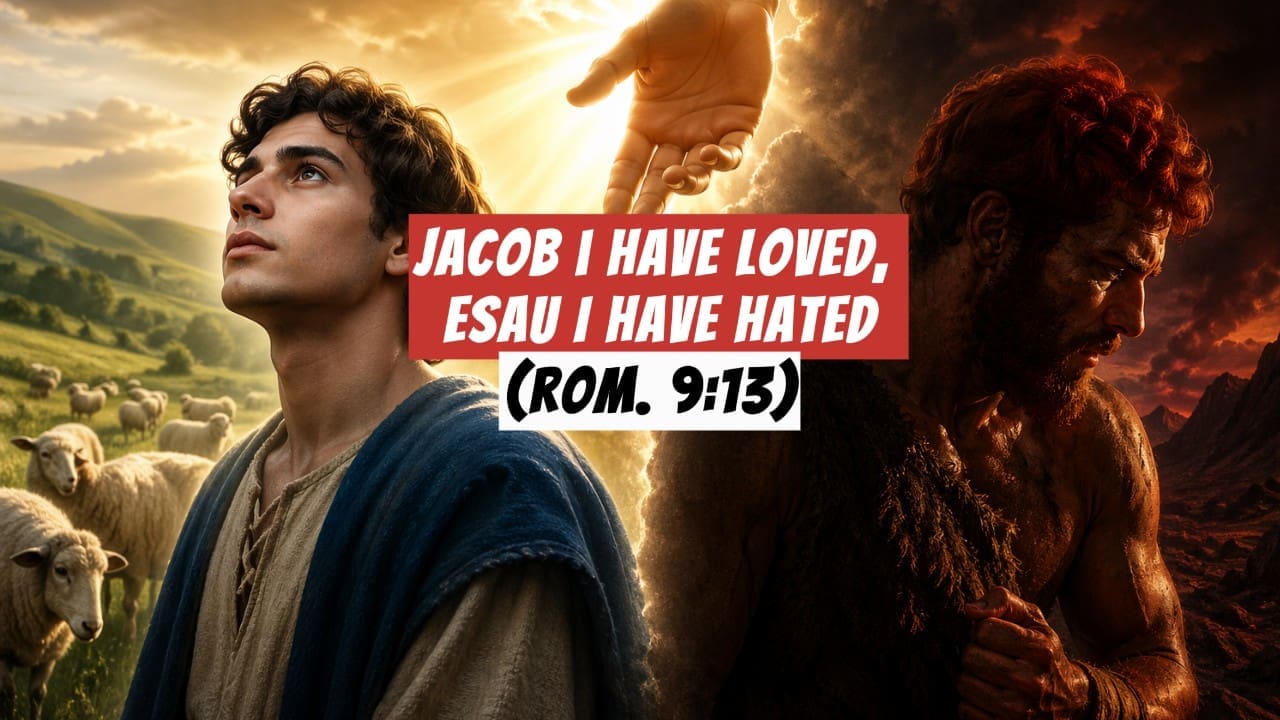 A depiction of Jacob and Esau along with the words, "Jacob I have loved, but Esau I have hated (Romans 9:13)"