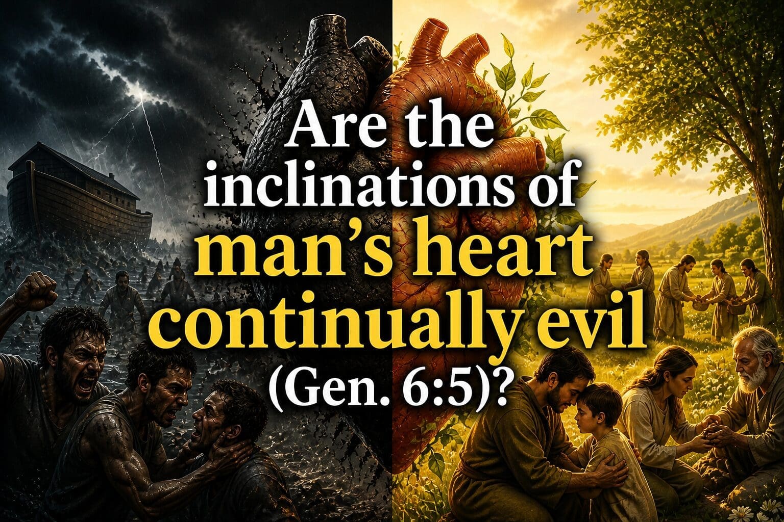 Depiction of a human heart in the center, with evil people on the left and righteous people on the right, along with the words "Is every inclination of man's heart continually evil?
