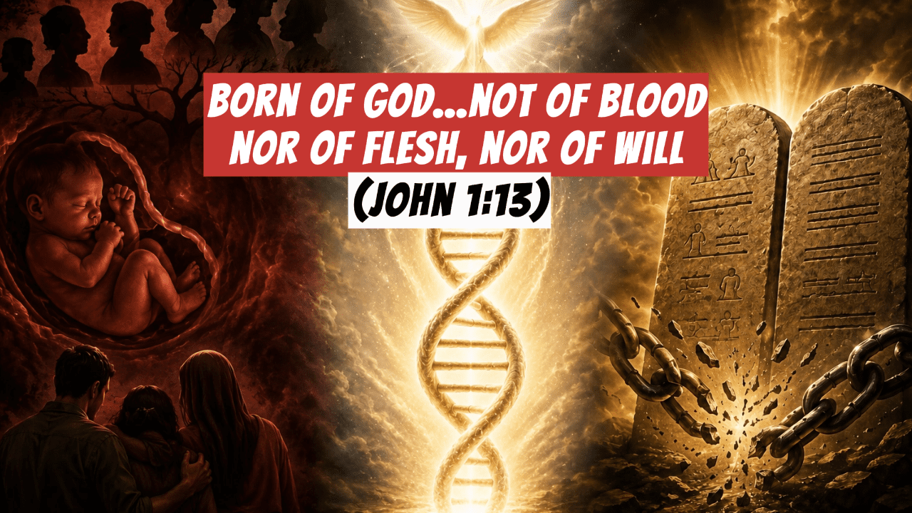A depiction of a DNA helix, a baby in a womb, and the Old Covenant law, along with the words "Born of God, not of blood, nor of flesh, nor of will (John 1:13)