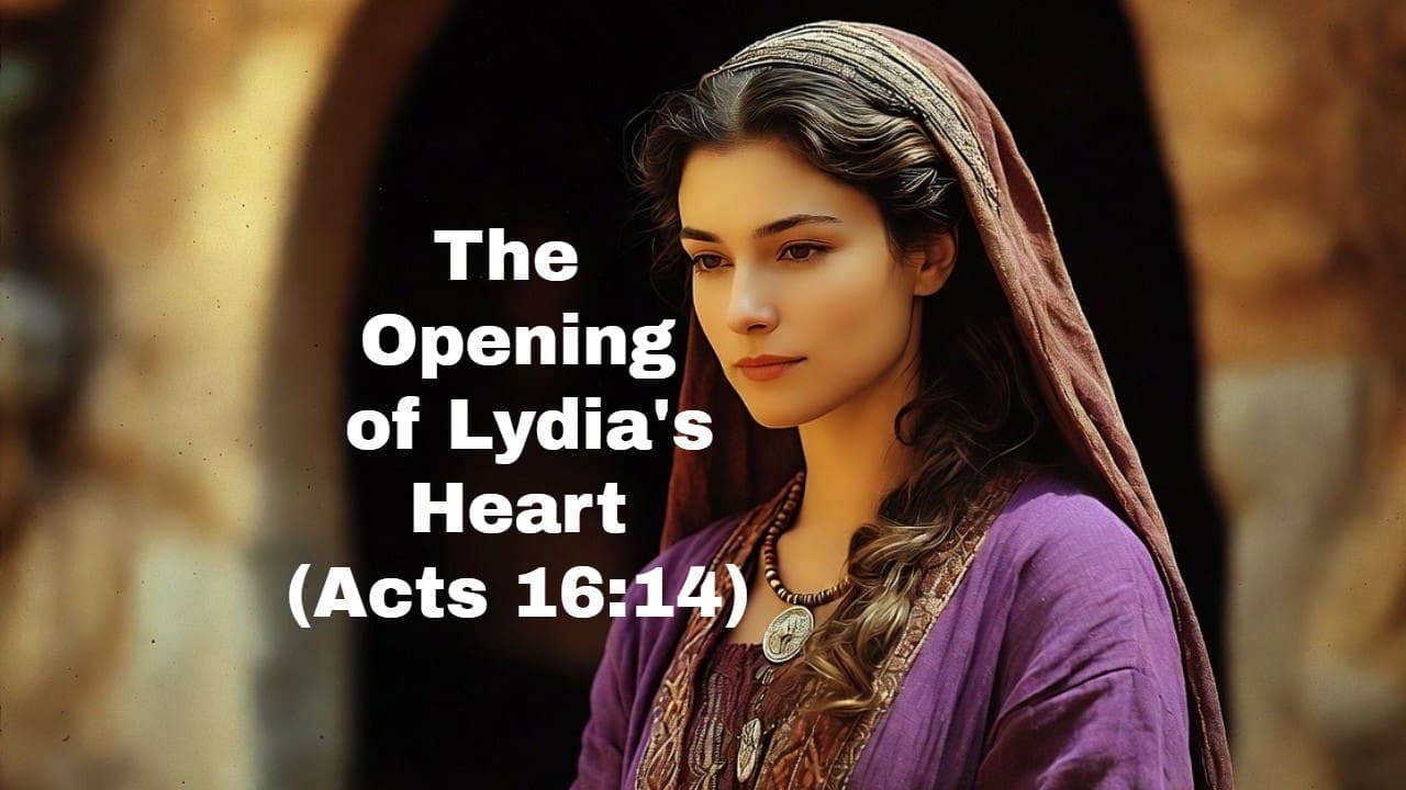 A first-century Jewish lady in purple, along with the words "The Opening of Lydia's Heart (Acts 16:14)"