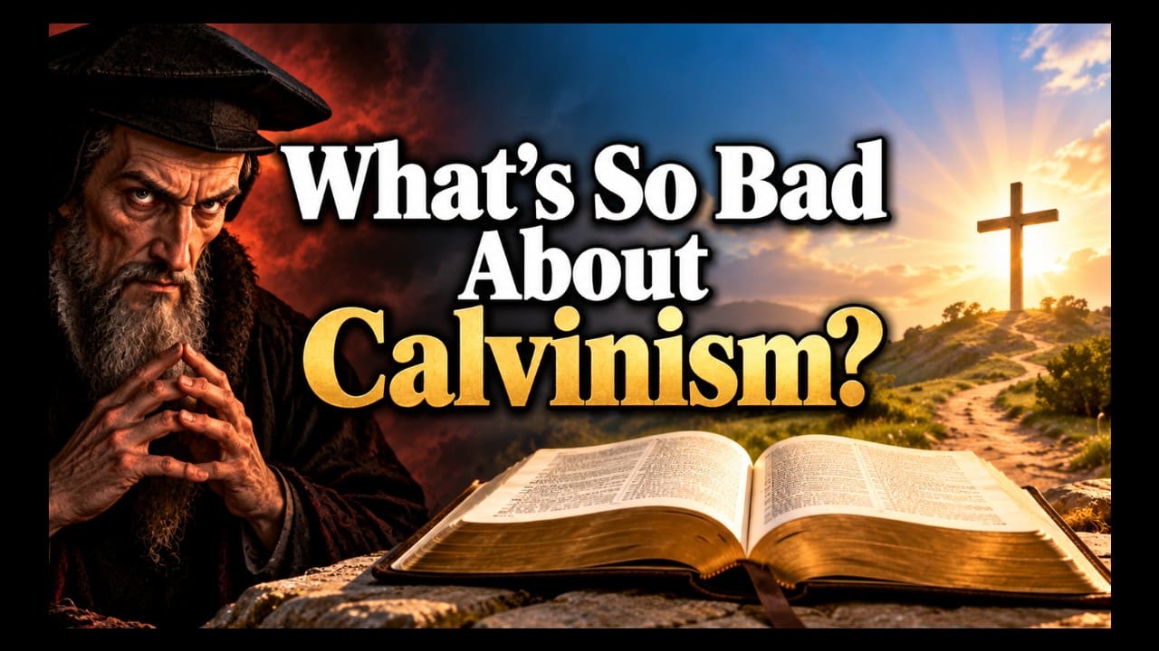 A picture of John Calvin, an open Bible, and a cross, along with the words "What's so bad about Calvinism?"
